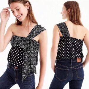 NWT J. Crew Silk Black White Polka Dot One-Shoulder Bow Top Size 00